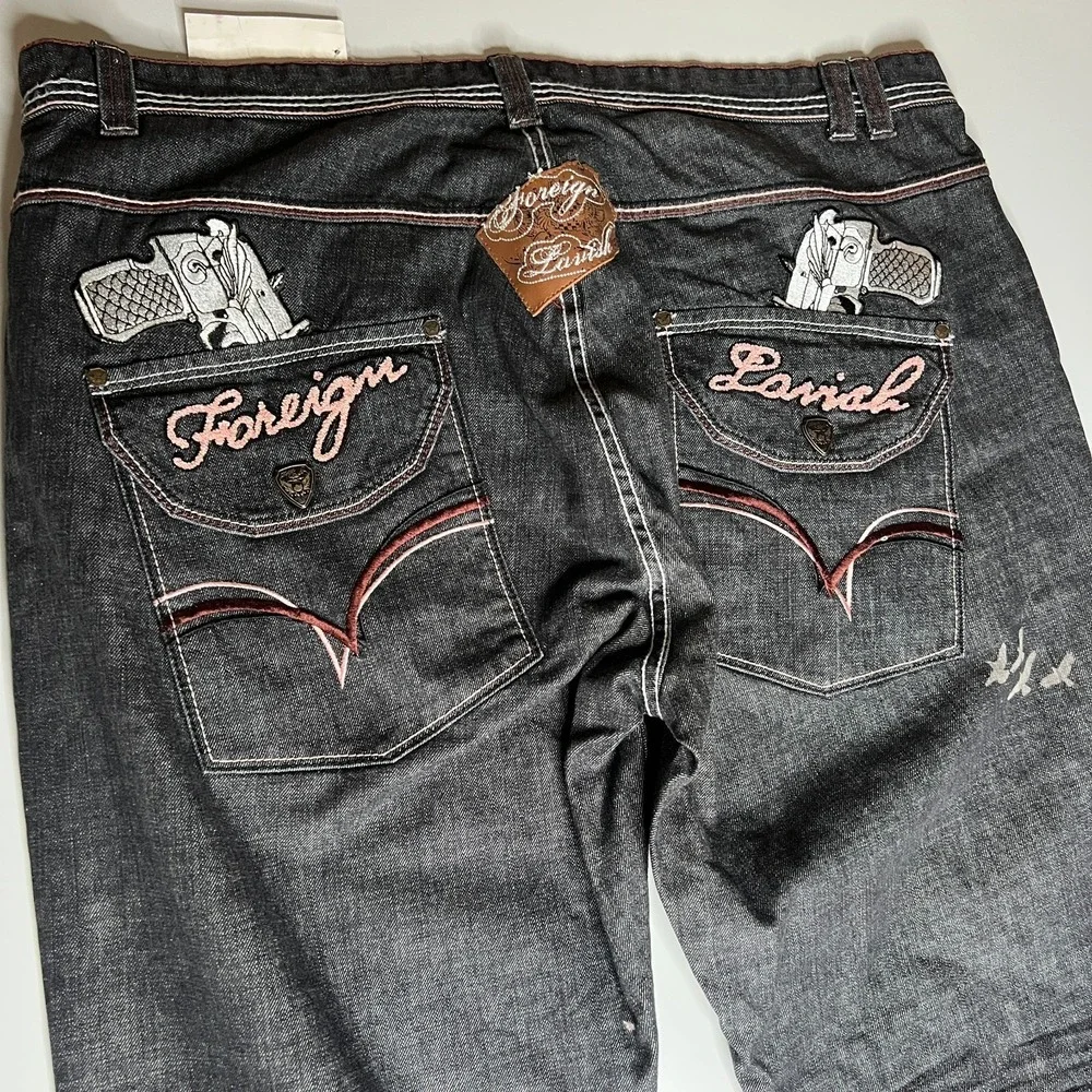 Foreign Lavish Mens 44 Dark Wash Baggy Denim Jeans Gun Embroidery Y2K Streetwear